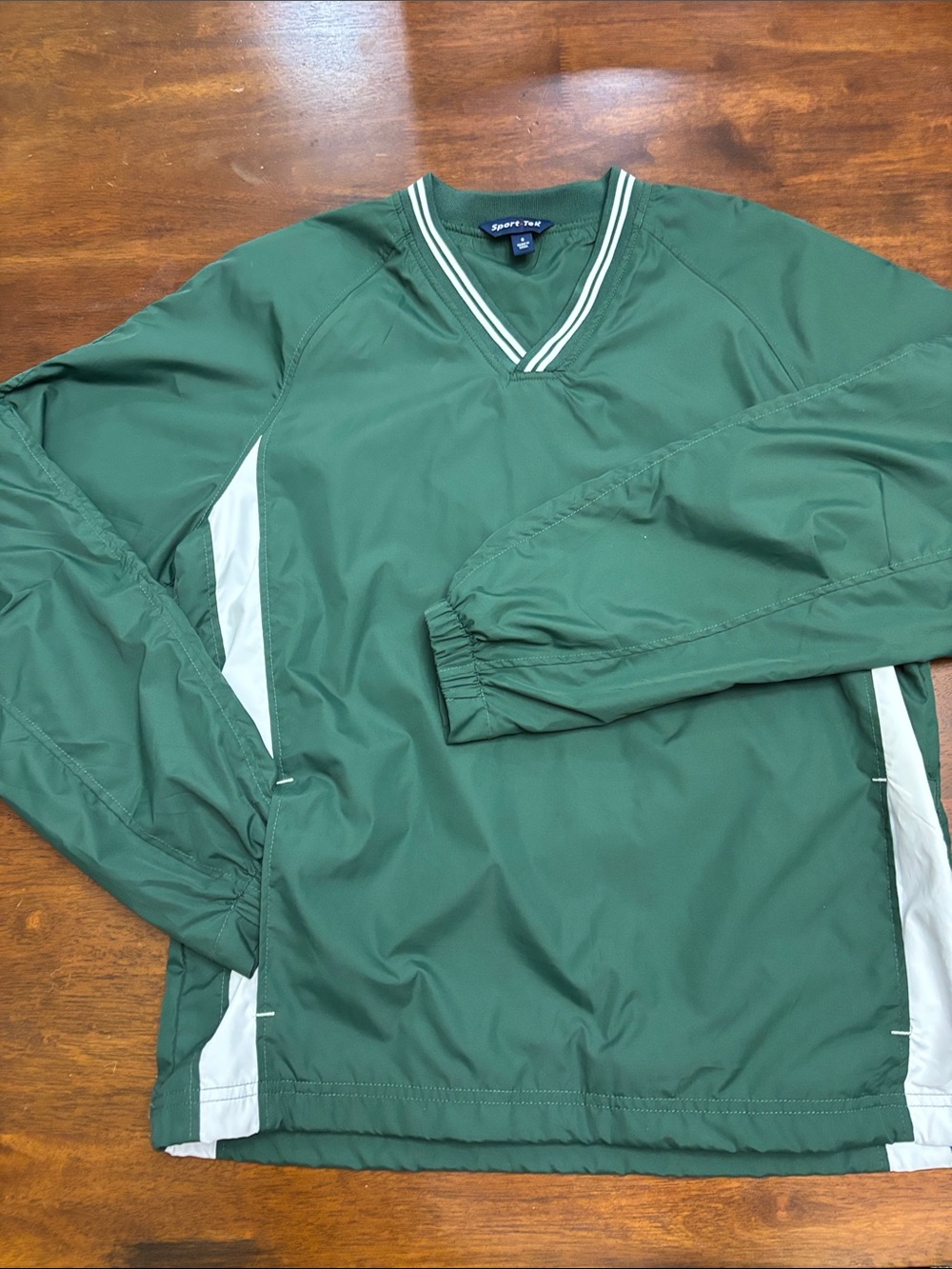 Sport-Tek Green V-Neck Pullover Windbreaker with White Panels